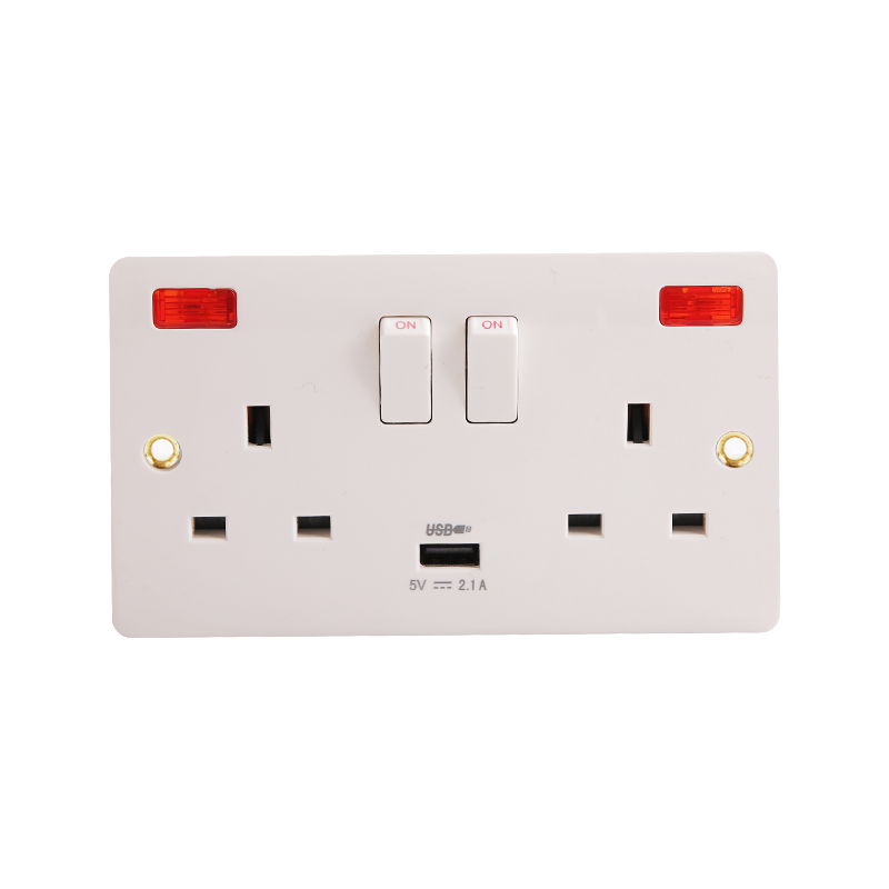 2 x 13A bakelitt-svitsjet stikkontakt med neon og USB (2.1A) HK6213VN-UB